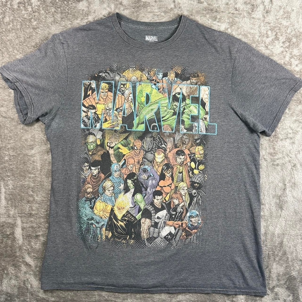 Marvel Comics Character Collage T-Shirt Mens Large Gray Graphic Tee Short Sleeve